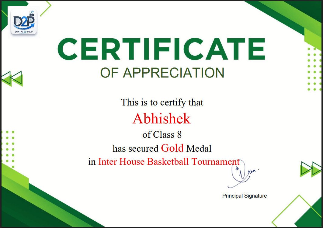 Fictional certificate preview with recipient and achievement details