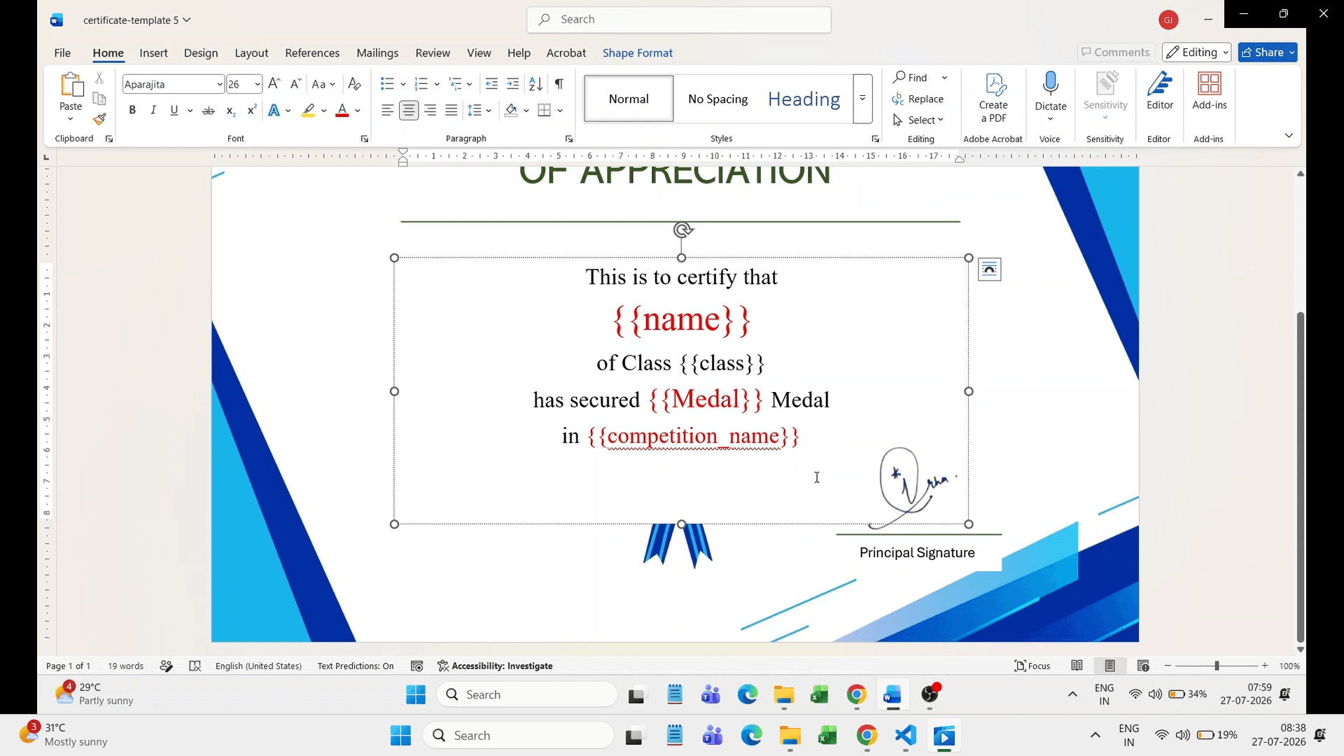 Certificate template variables such as name rank and competition name