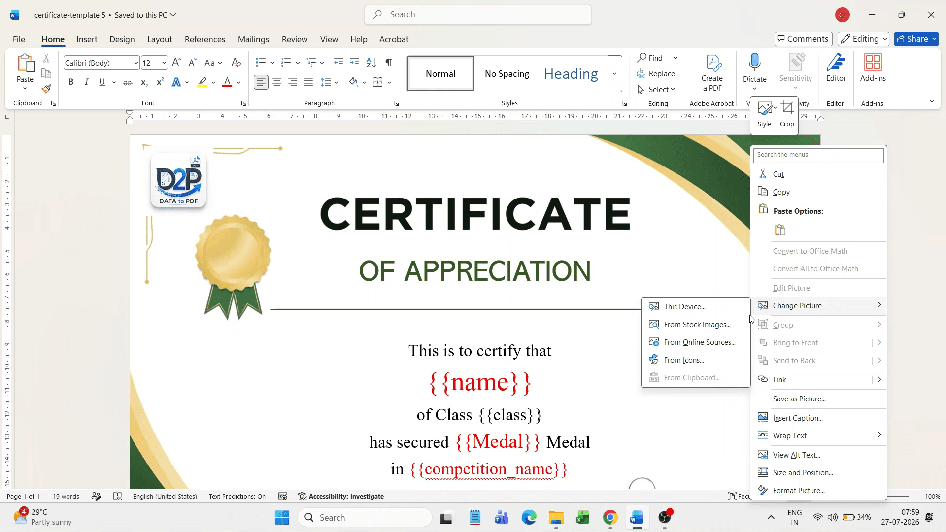 Replace A4 certificate background image inside Word template