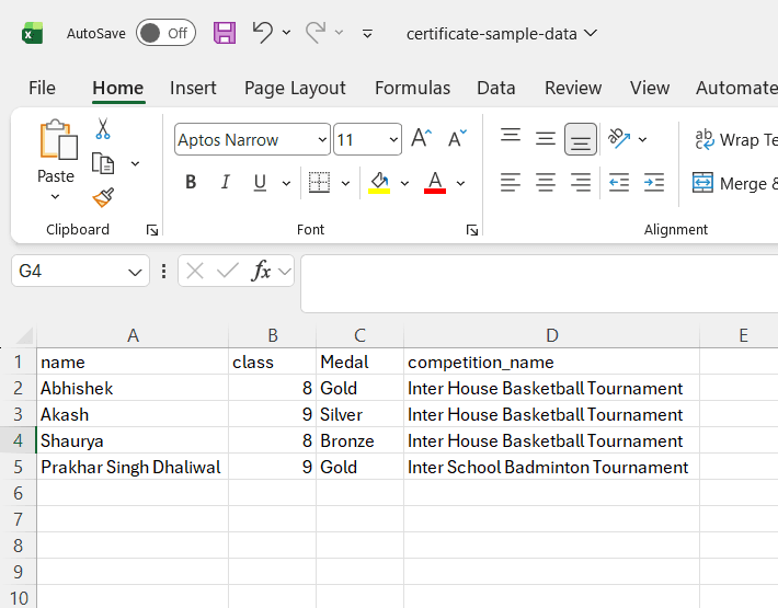 Excel sample data for certificate generation