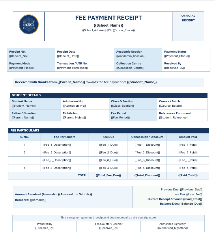Professional fee payment receipt template preview with student details fee particulars and balance due