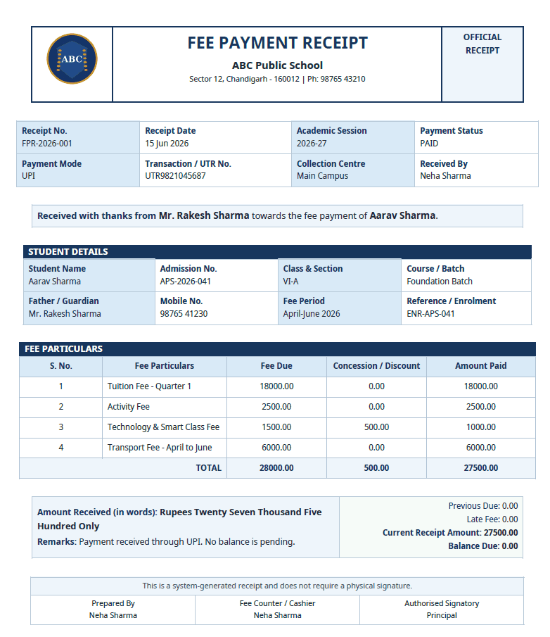 School fee receipt preview with fictional student and payment details