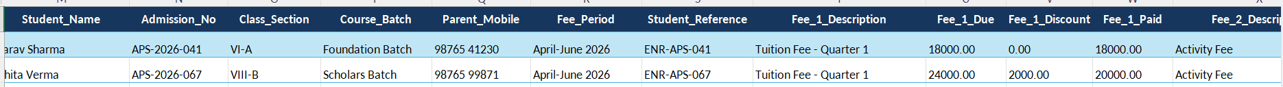 Excel sample data for generating bulk fee payment receipts