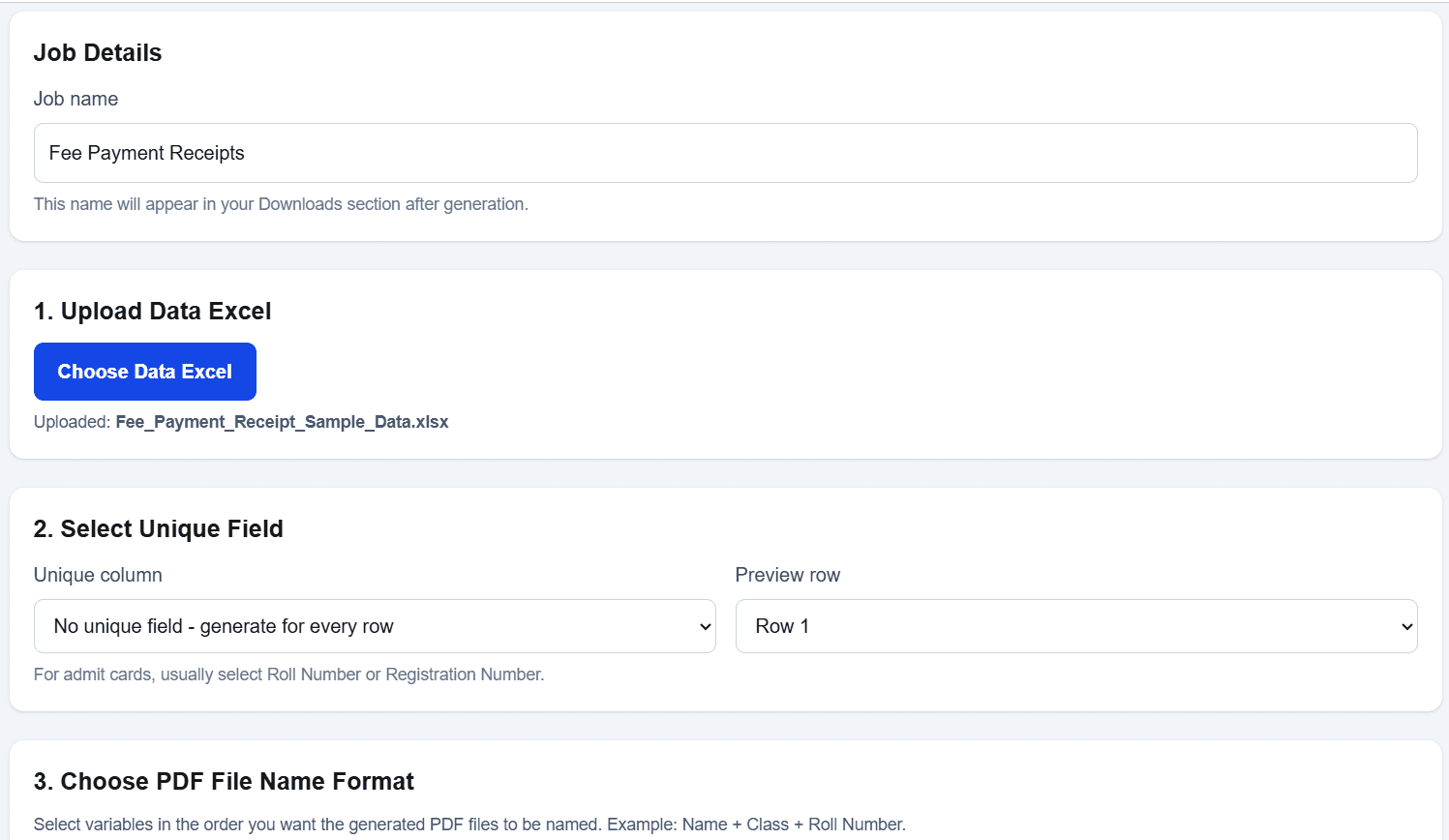 Upload fee receipt data and template to DataToPDF
