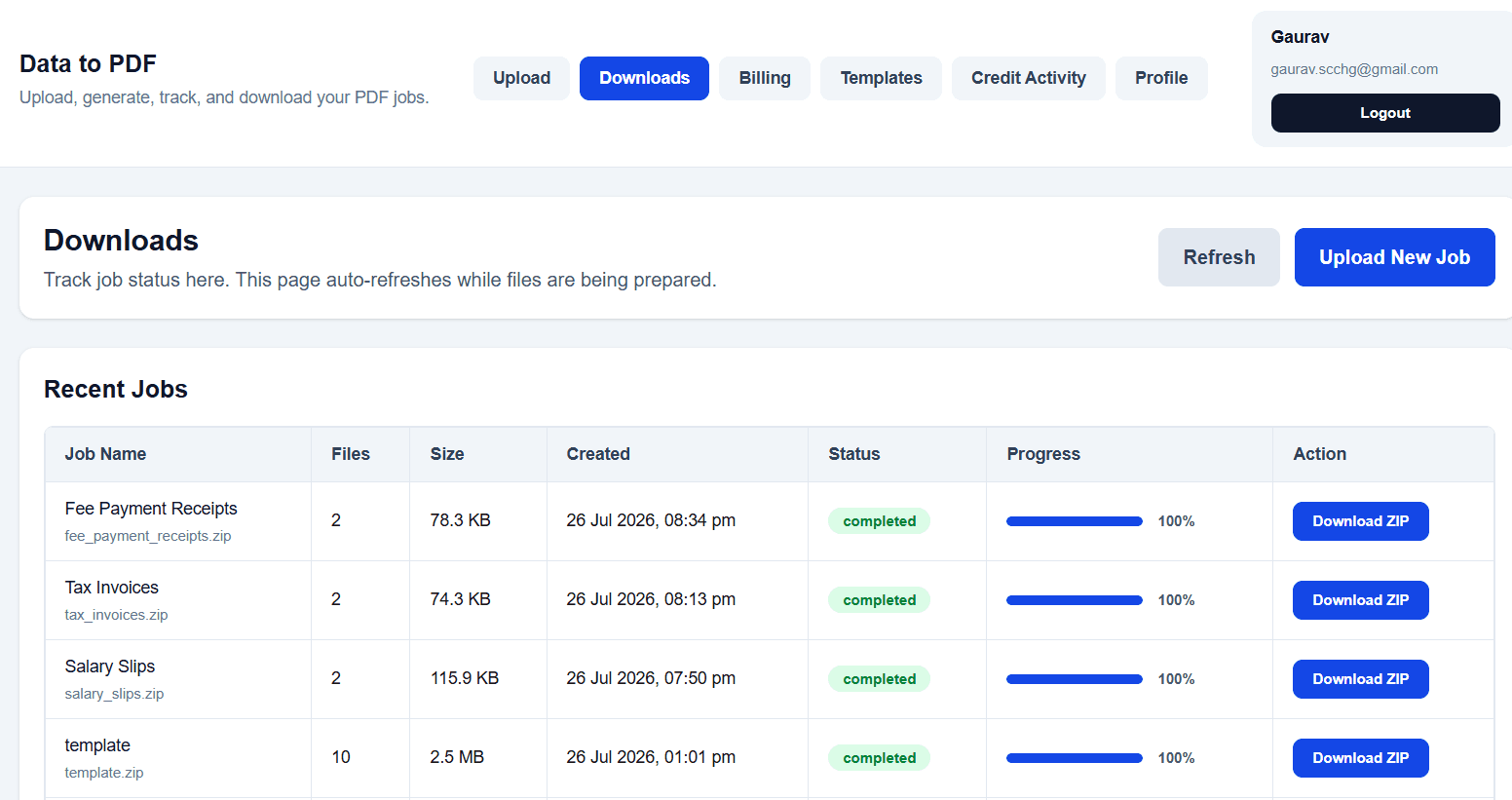 Download bulk fee payment receipt PDFs in ZIP format