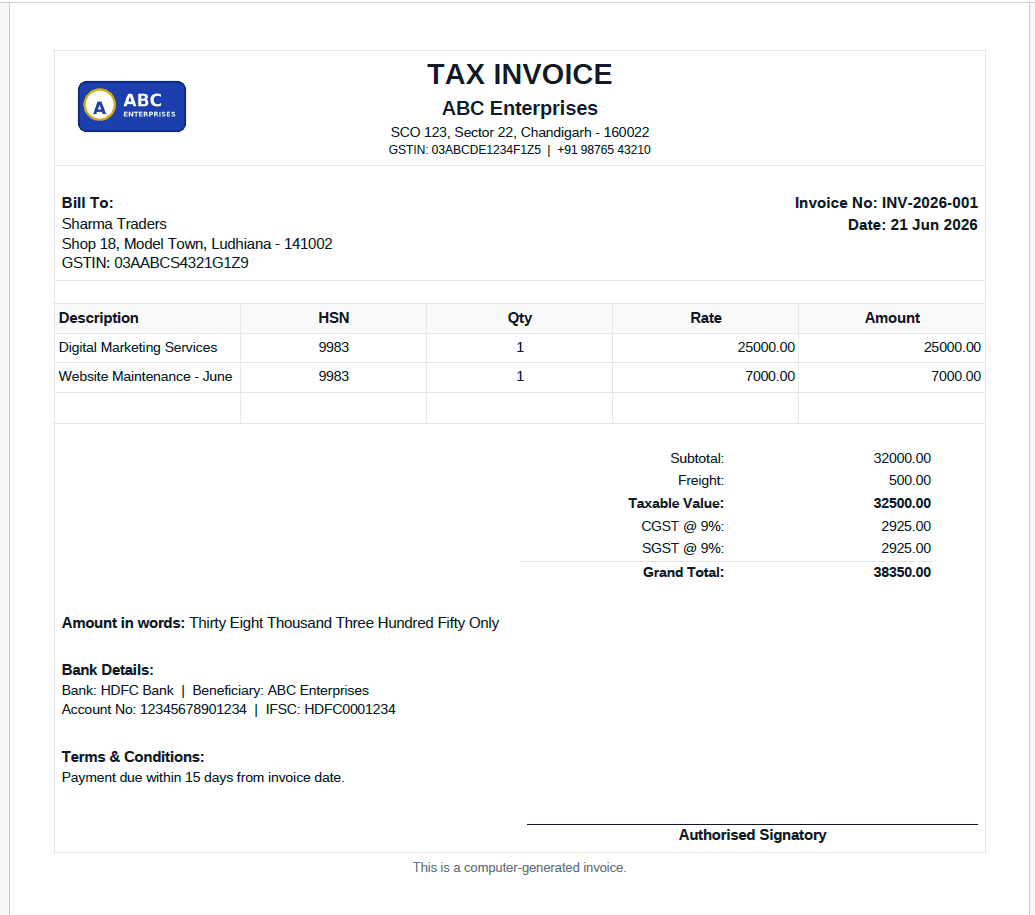 Generated invoice preview with fictional customer, line-item and total details
