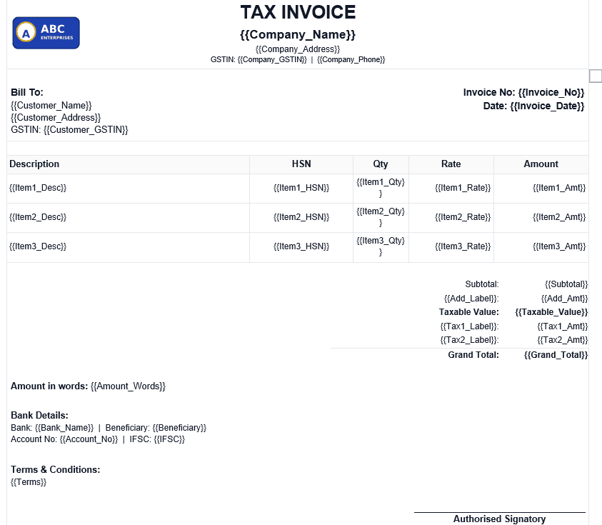 Professional tax invoice template preview with GST item rows and totals
