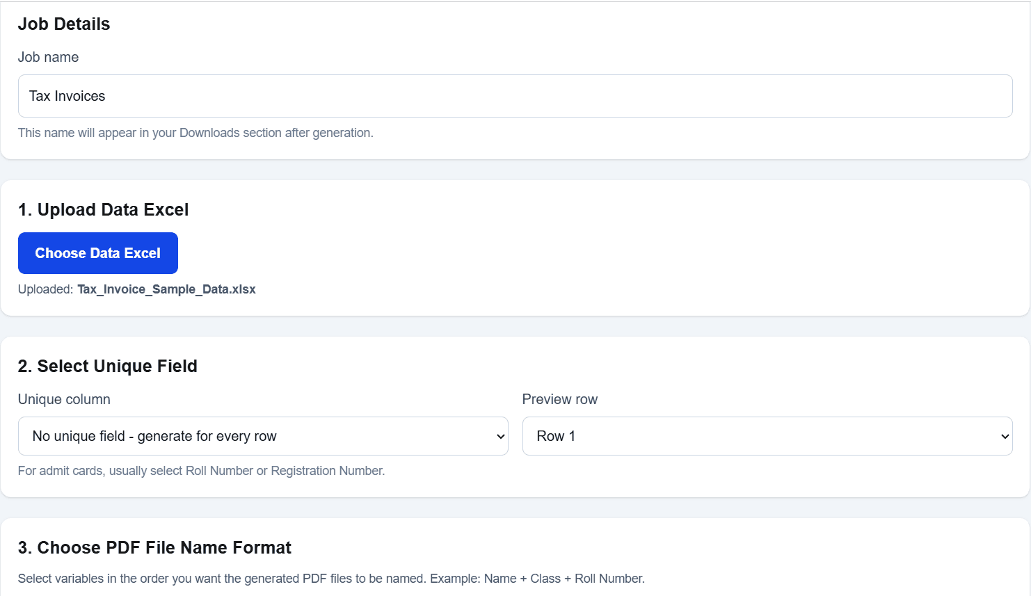 Upload invoice data and template to DataToPDF