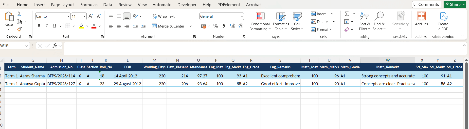 Wide spreadsheet containing fictional student test-score fields