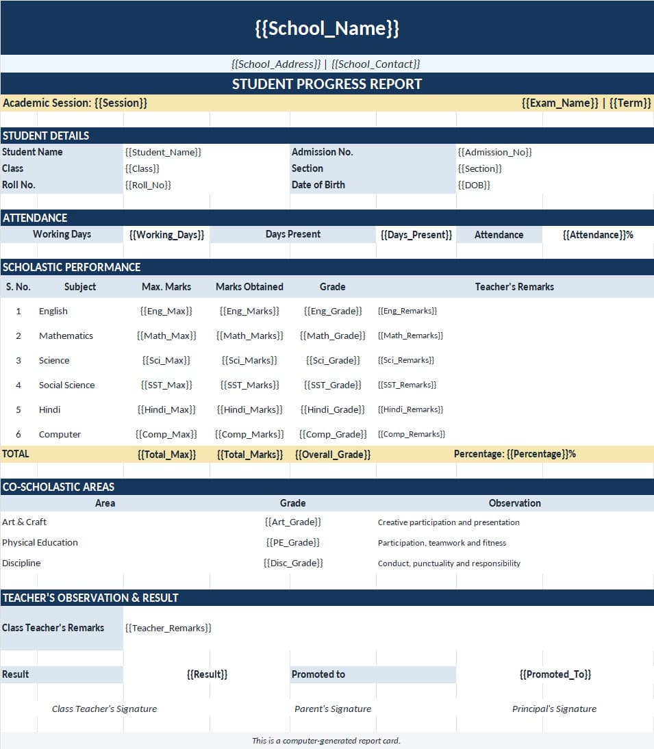 Existing report card layout with student fields replaced by matching template variables