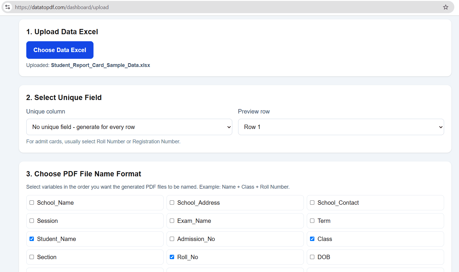 Upload screen showing student fields available for a report card PDF filename