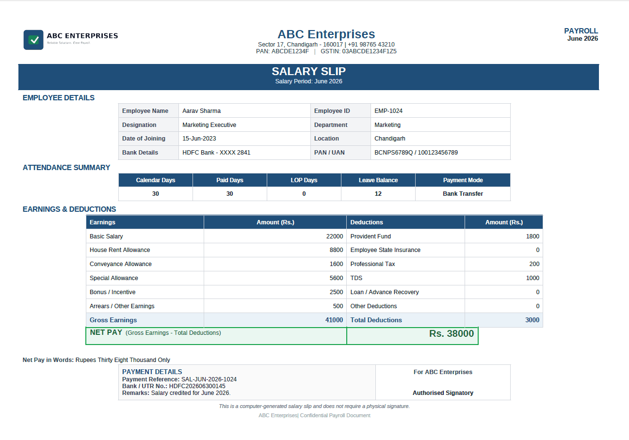 Generated salary-slip preview with fictional employee earnings and deductions
