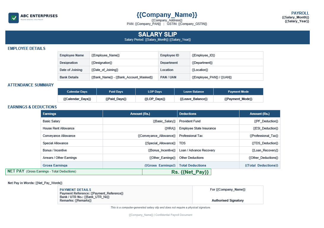 Professional salary slip template preview with earnings deductions and net pay