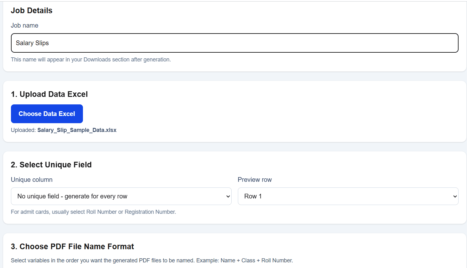 Upload payroll data and salary slip template to DataToPDF