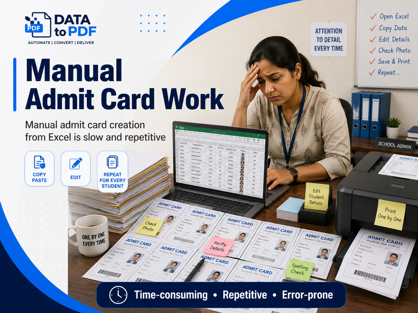 Manual admit card creation from Excel is slow and repetitive