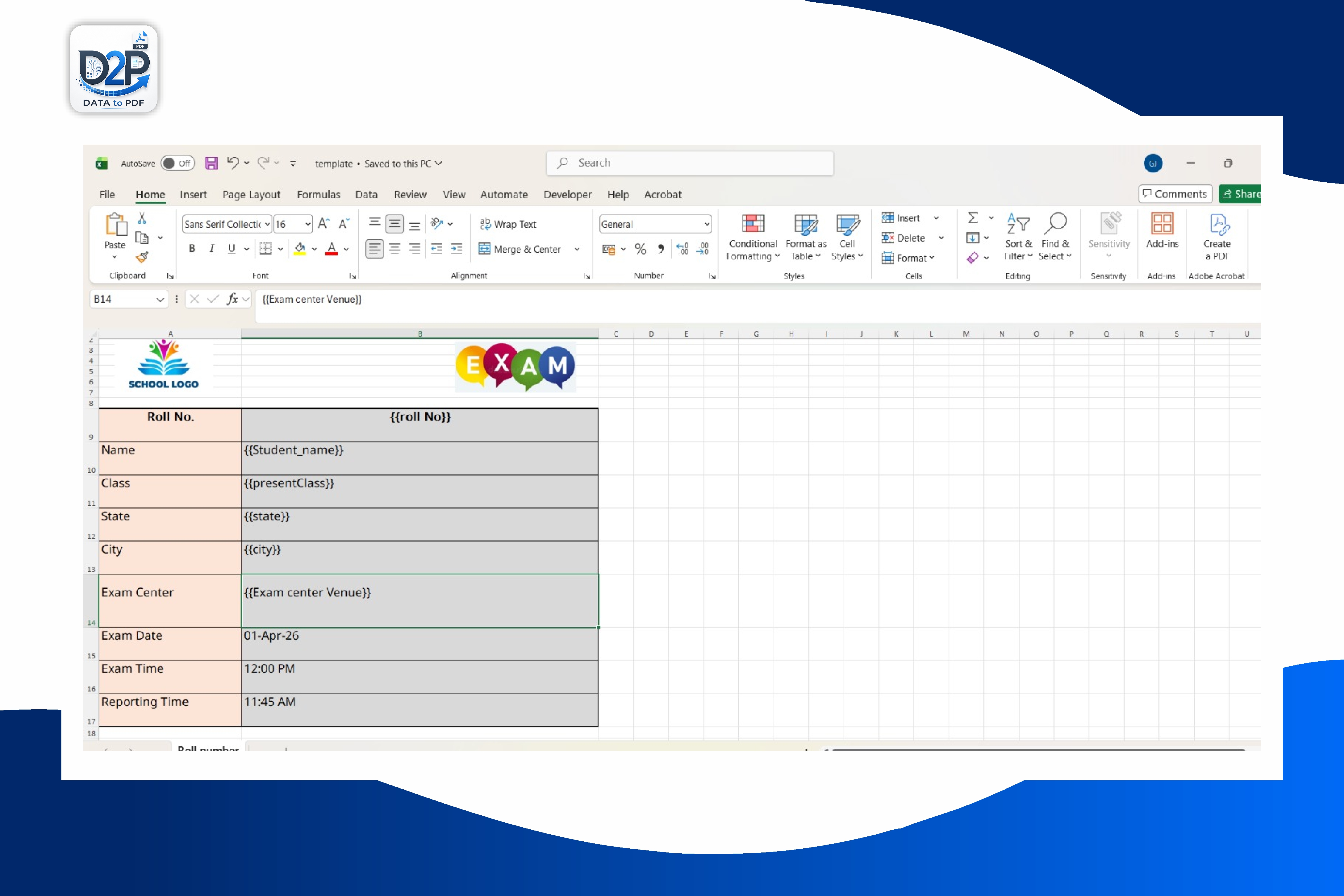 Admit card template variables connected with Excel student data