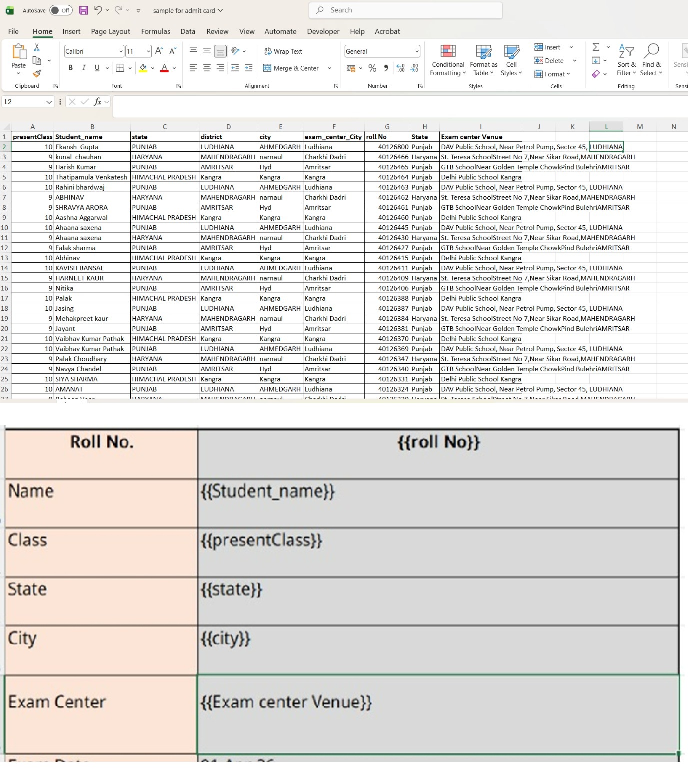 Excel data columns mapped with template variables for bulk PDF generation