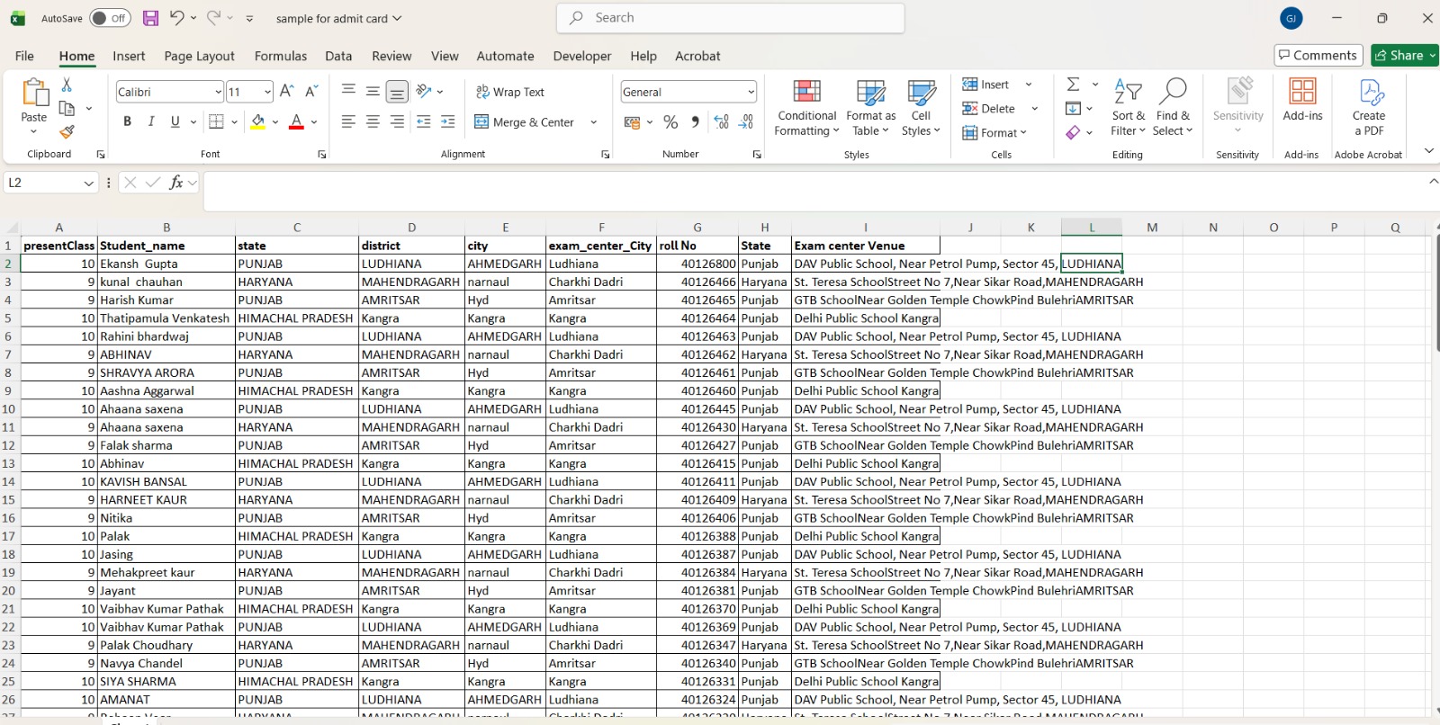 Excel sample data for bulk personalised PDF generation