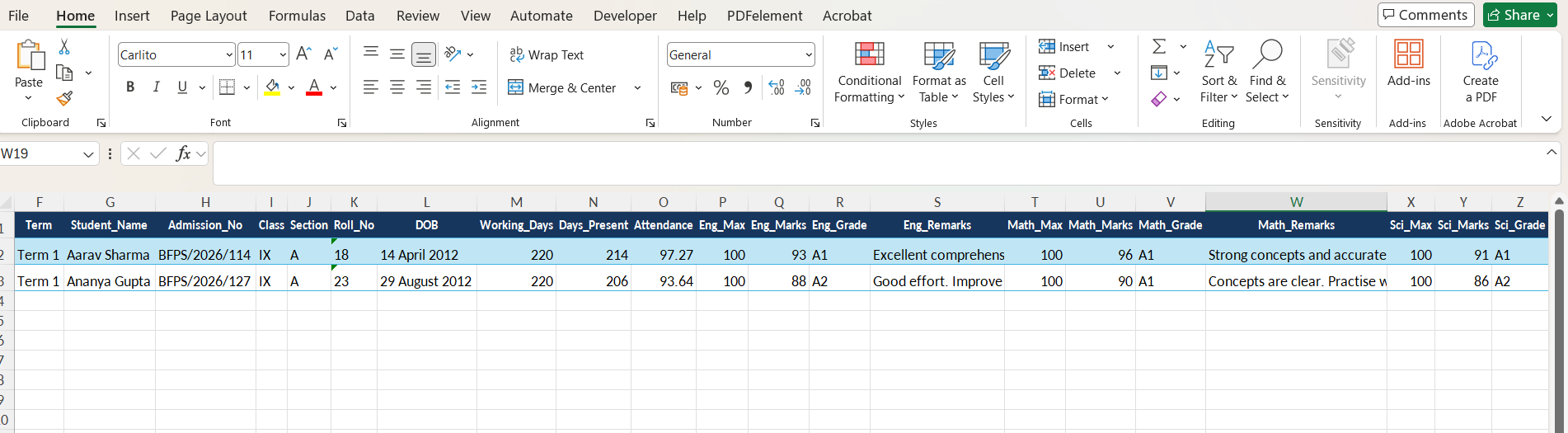 Excel result data for mid-term report card generation