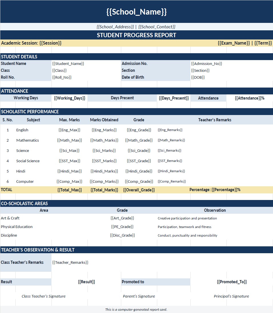Mid-term result template with variables for personalised report cards