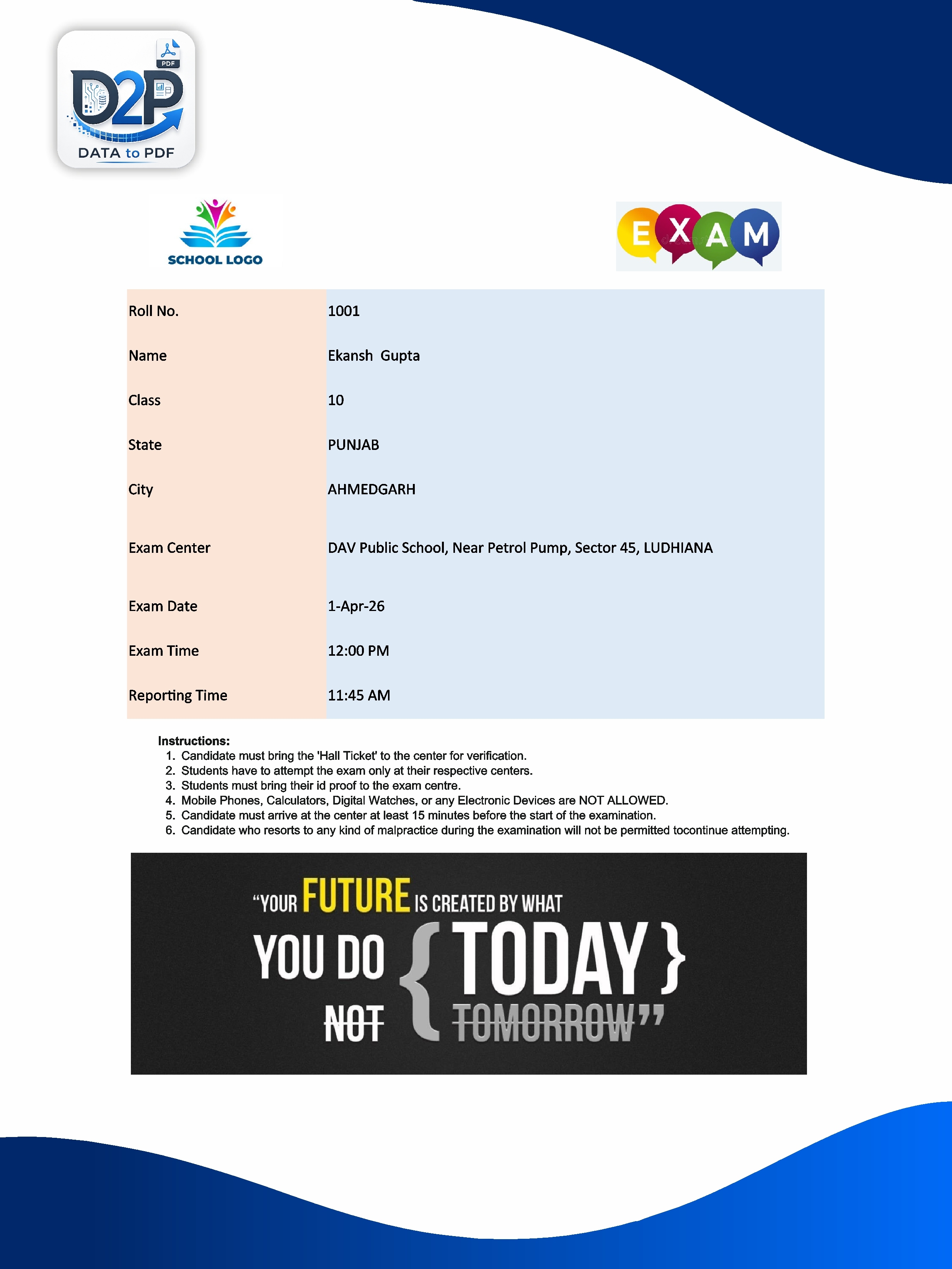 Editable Word admit card template for schools and coaching institutes