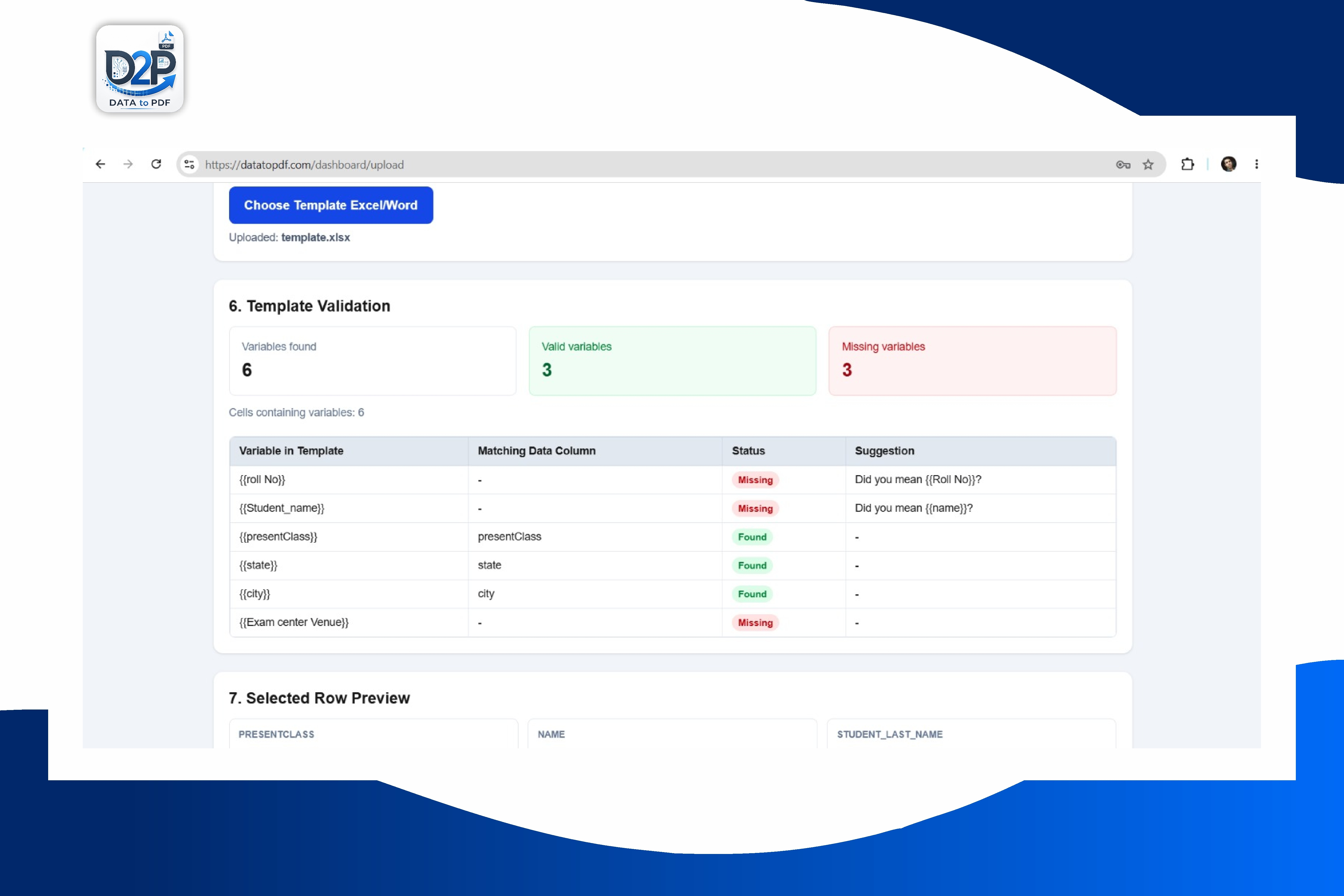Preview of personalised admit card data before PDF generation