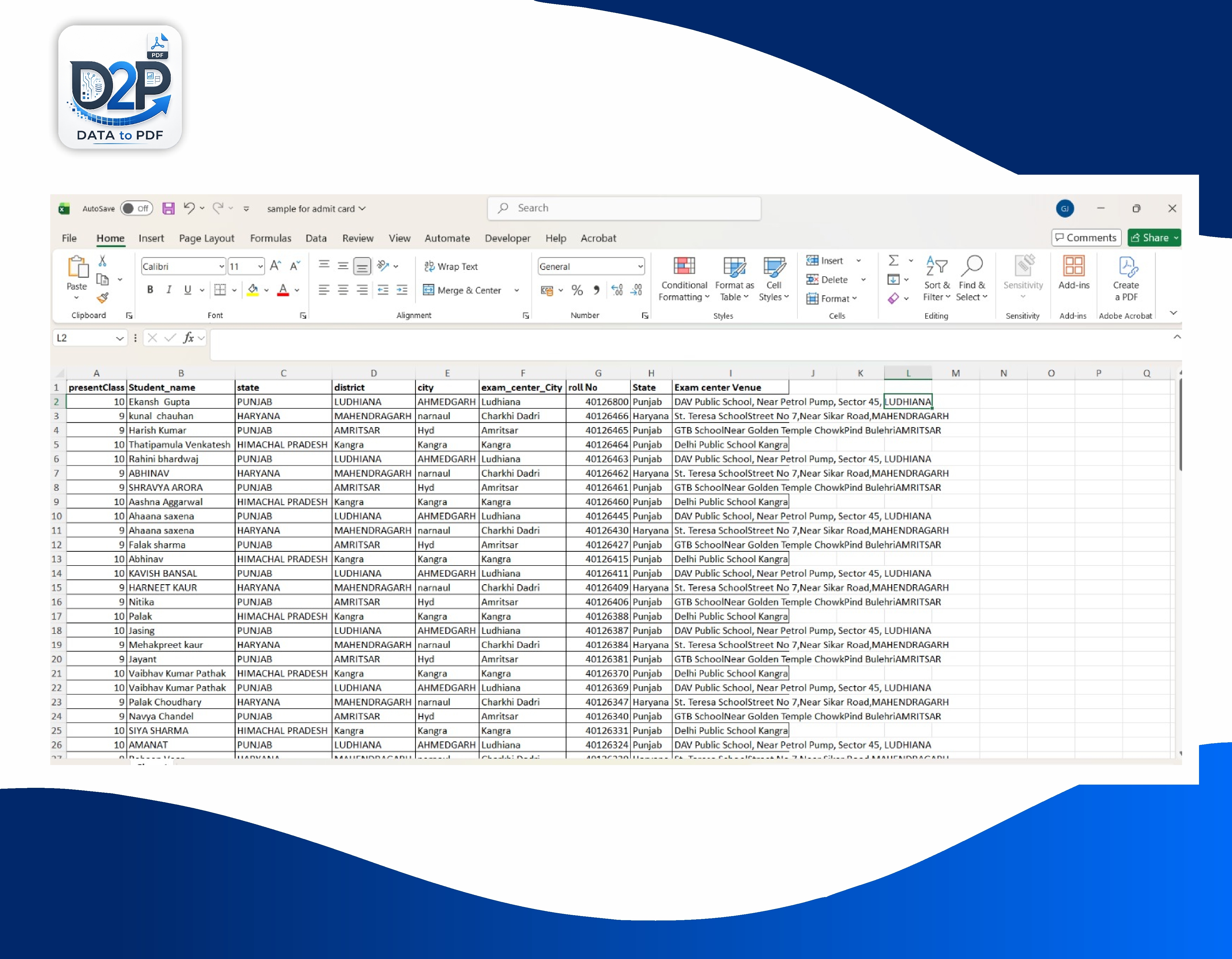 Excel sample data for bulk admit card generation
